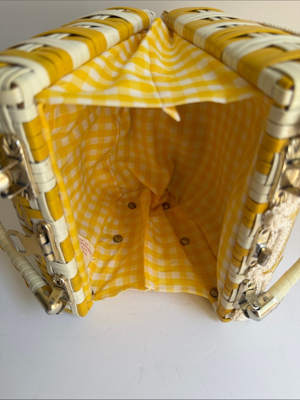Rare 1960s Vintage Yellow Gingham Fur Accent Women's Handbag - Picture 12 of 15
